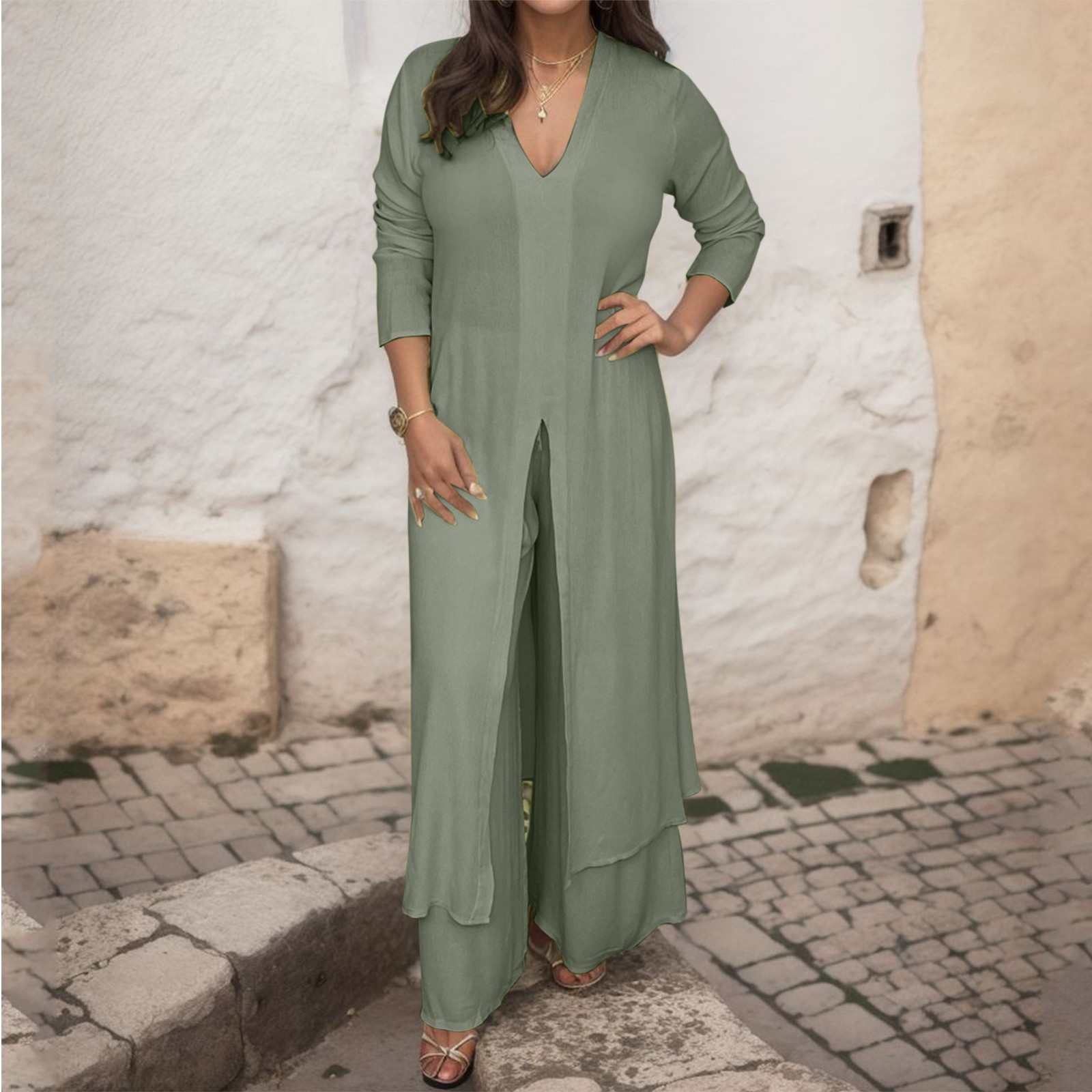 thumbnail image 2 of Conjunto de dos piezas de gasa para mujer talla grande: top de cuello en V y manga larga + pantalones, traje de playa, diseño con abertura, para primavera-verano, 2 of 8